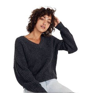 Madewell Pleat-Sleeve Pullover Wool Sz XS Dark Grey Crop V-Neck Knit‎ Sweater